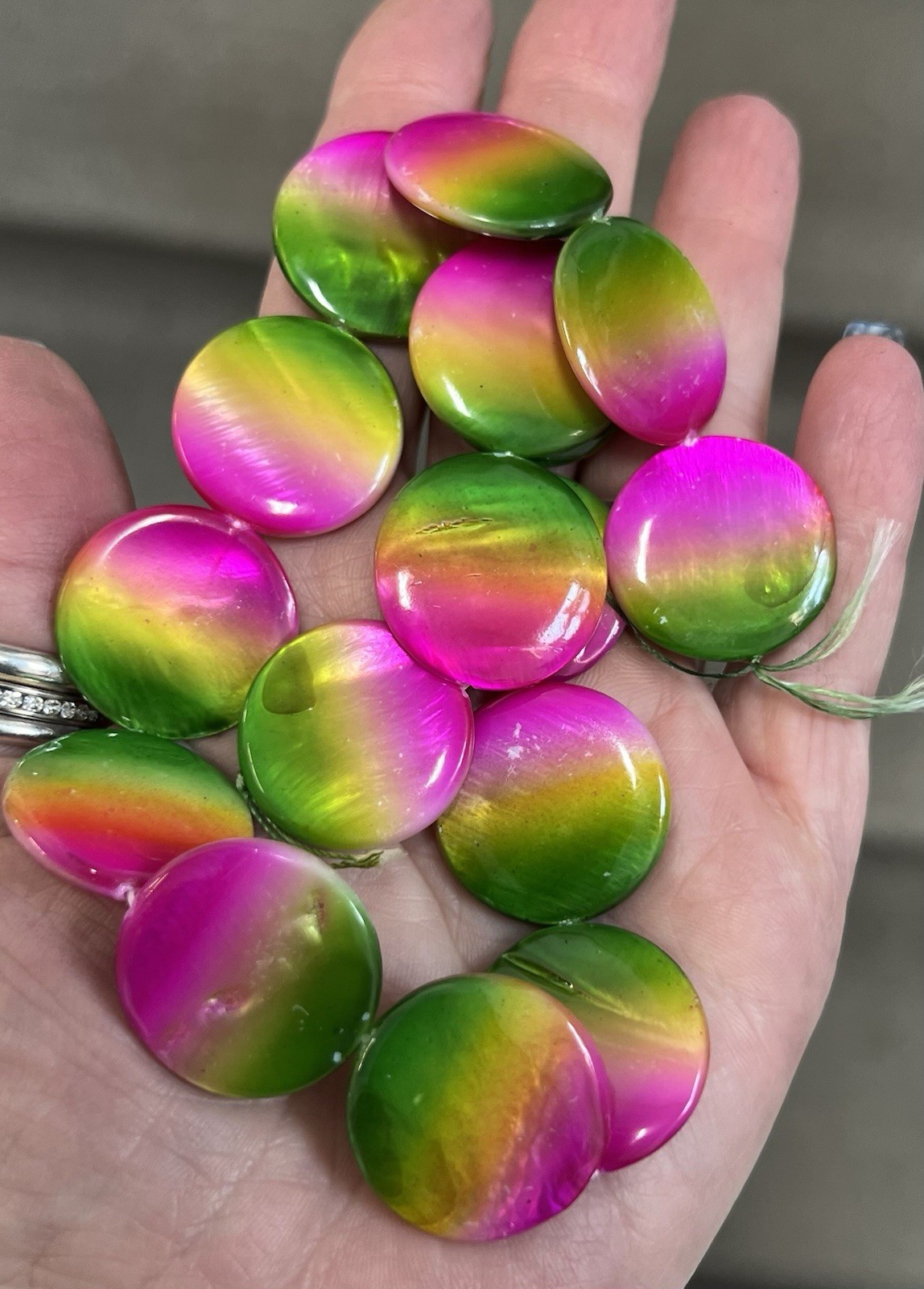 Glossy Pink Green Yellow coin shell Beads Strand for Jewelry Making Destash
