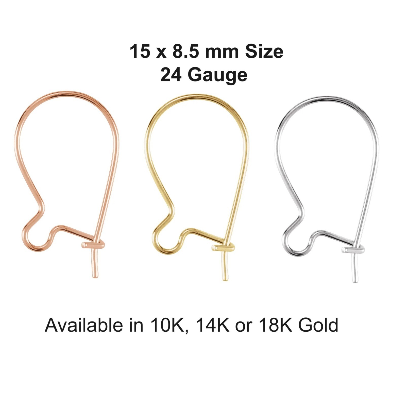 10K 14K 18K Solid Gold or Silver Plain Kidney Ear Wires Hooks 15×8.5 mm w/Ring