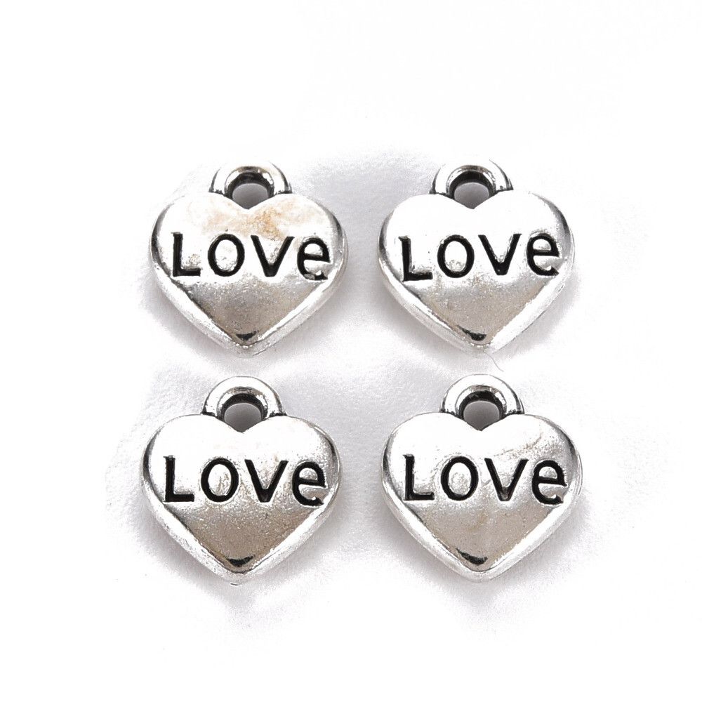 10 Heart Charms Love Word Pendants Inspirational Antiqued Silver Tag 9mm