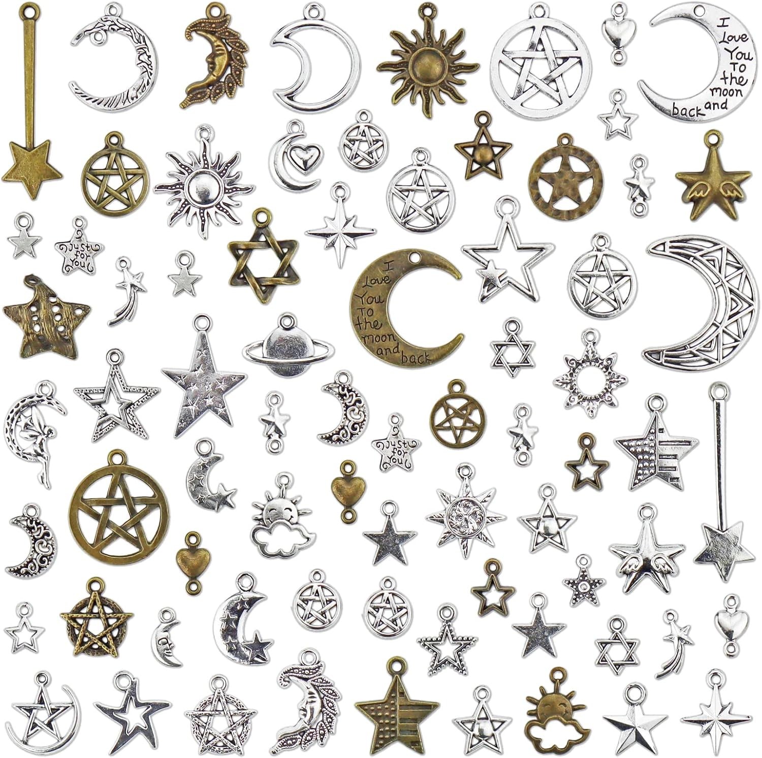 Celestial Mixed Sun Moon Star Charms, Wholesale Bulk Lots Antique Alloy Charms P