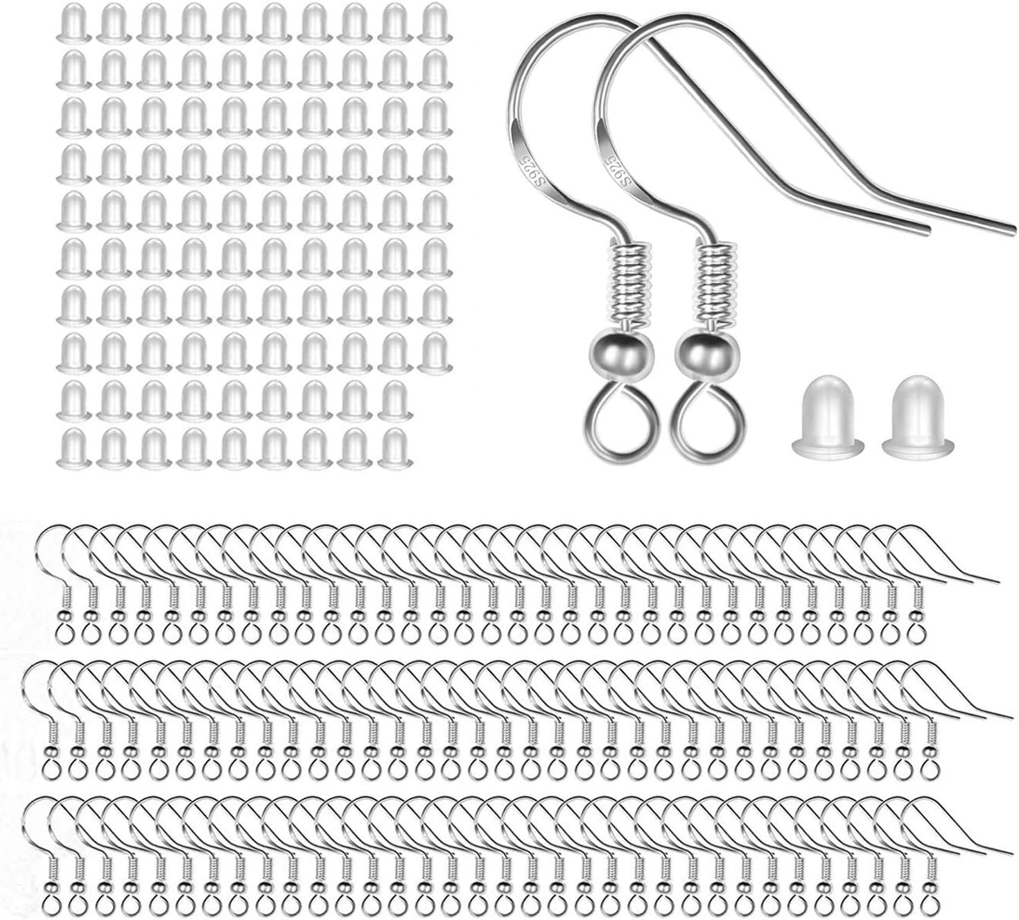 100 PCS / 50 Pairs 925 Sterling Silver Earring Hooks Hook Ear Wires with 100 ..