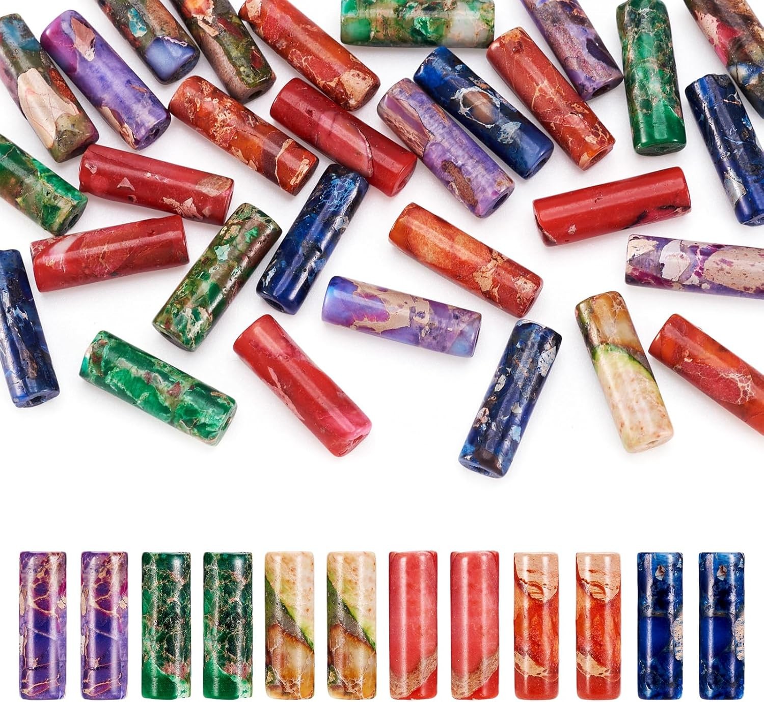 30Pcs Column Tube Beads for Jewelry Making, Colorful Column Imperial Jasper Gems
