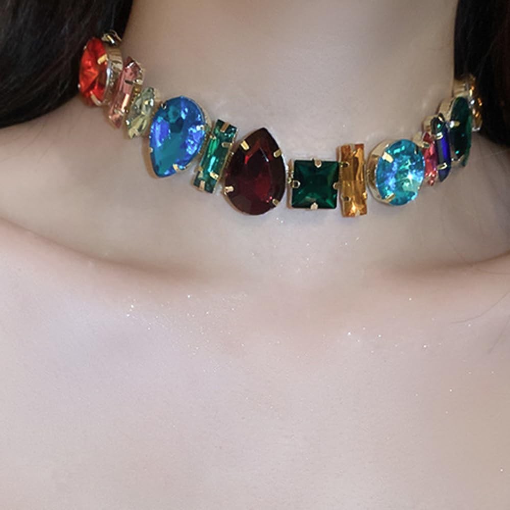 Boho Fashion Prom Shinny Colorful Rhinestones Chunky Choker Necklace Dainty Sexy