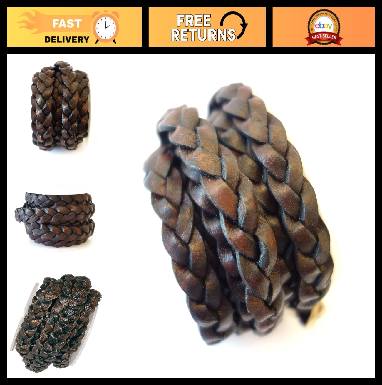 10mm Flat Braided Leather Cord Rope – 3 Ply, Genuine Vintage Dark Brown, 2m for