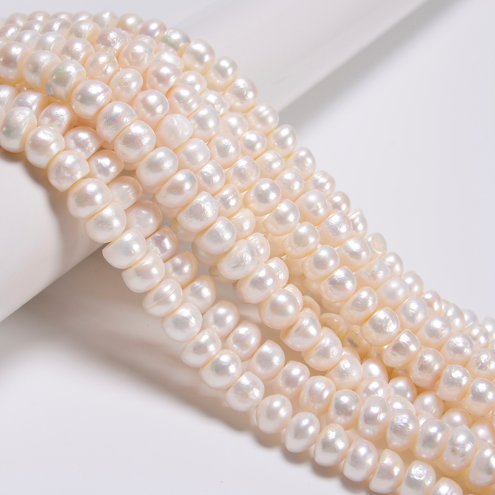 Natural White Fresh Water Pearl Rondelle Button Beads Size 7x10mm 15.5″ Strand