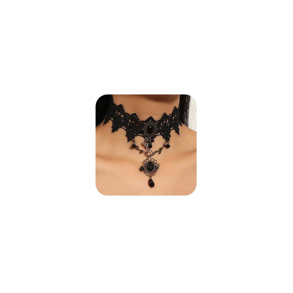 Vintage Black Halloween Tassels Lace Choker Necklace Fashion Prom Shinny Crystal