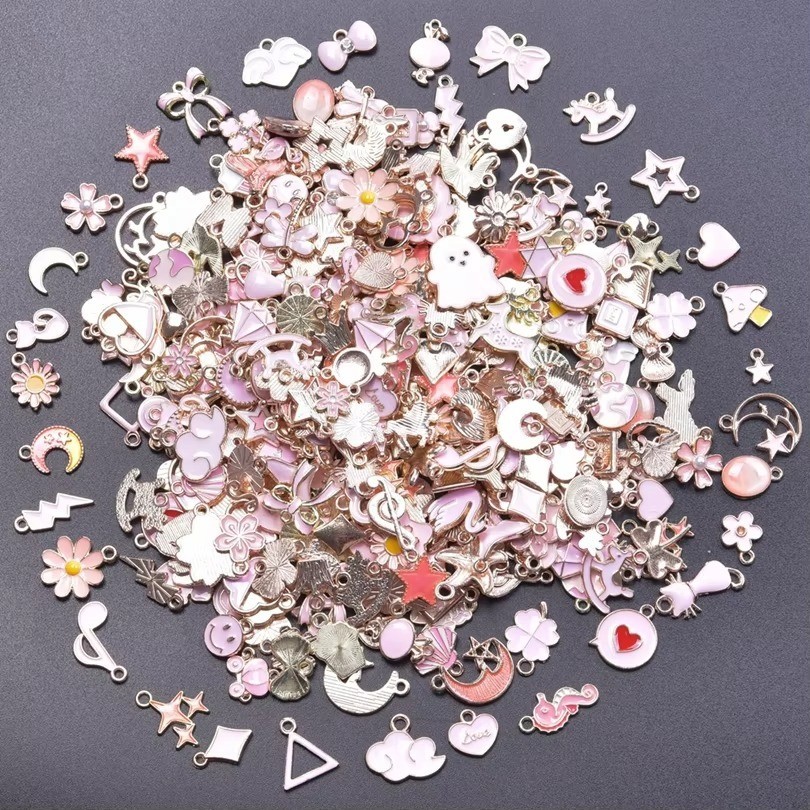 50PCS Girl Pink Drip Oil Charms Mixed Animal Heart Flower Moon DIY Jewelry