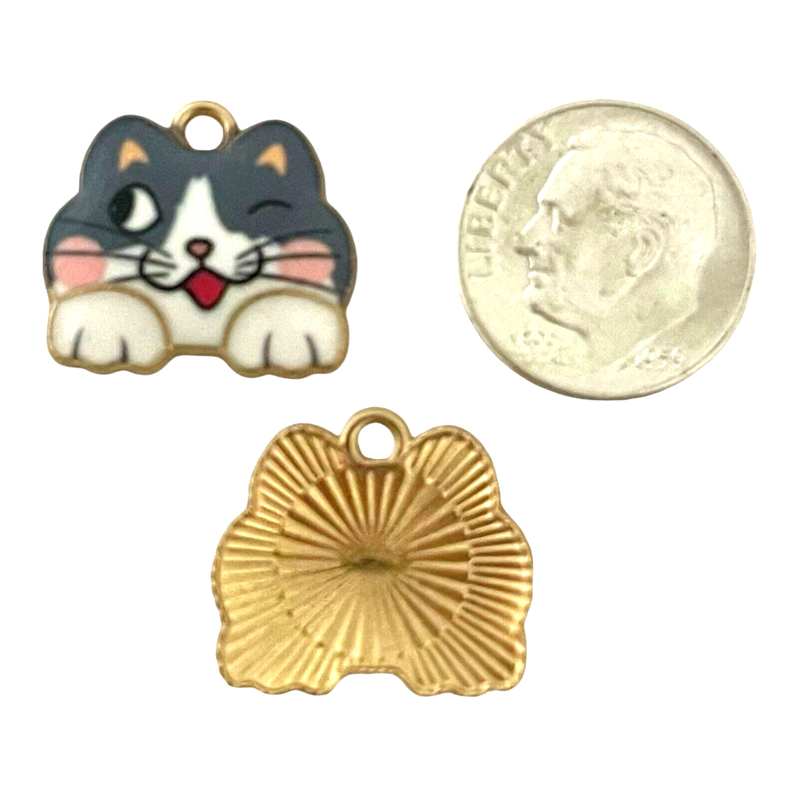 10 pcs Cat Charms Winking Bead Drops Findings Enamel Gold Gray White 18x16mm