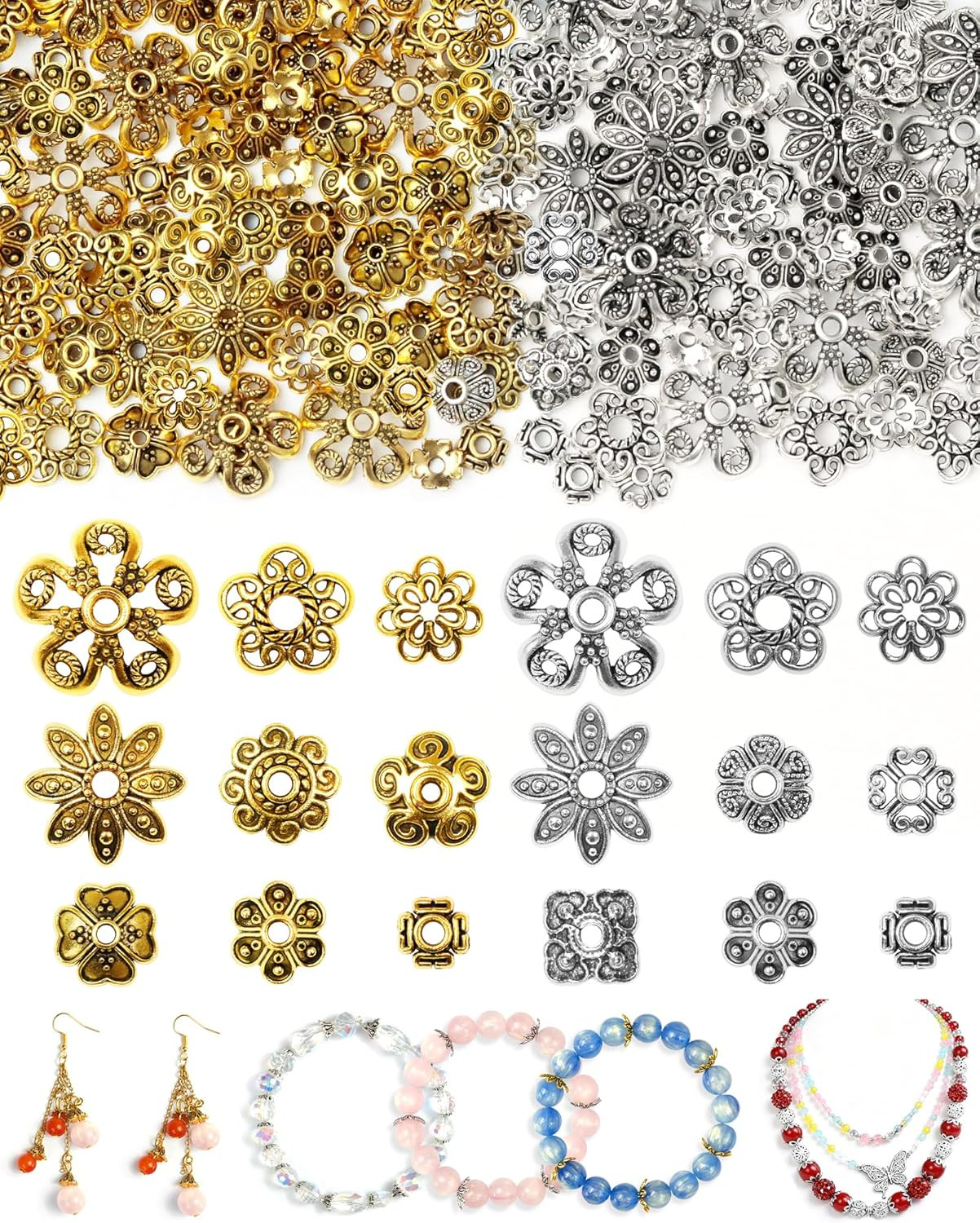 240 Pcs Bead Caps for Jewelry Making, 18 Styles Silver & Gold Flower Bead Caps,