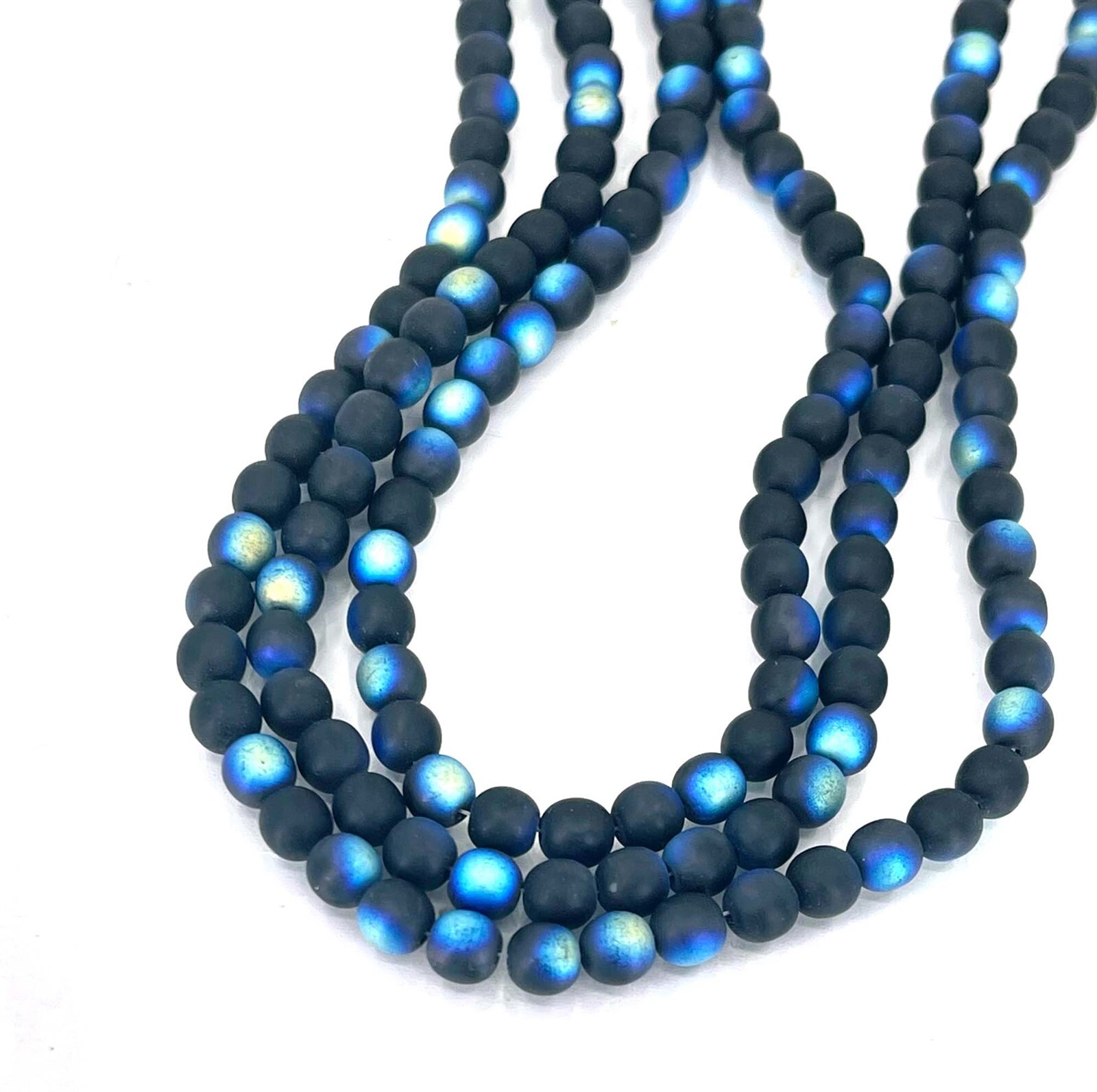 50 Czech Frosted Sea Glass Round Beads – AB Matte Black Jet – moonstone 6mm