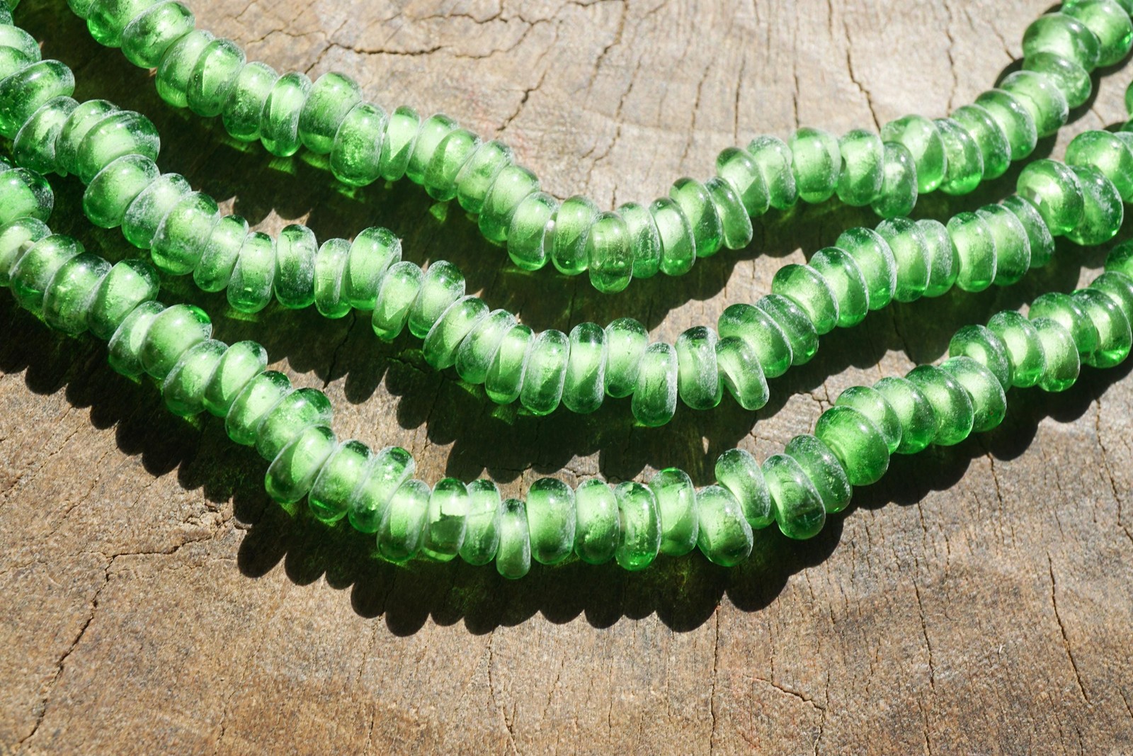 Artisan Made Green Java Glass Donut Beads (7mm) – Organic Parrot Green Strand