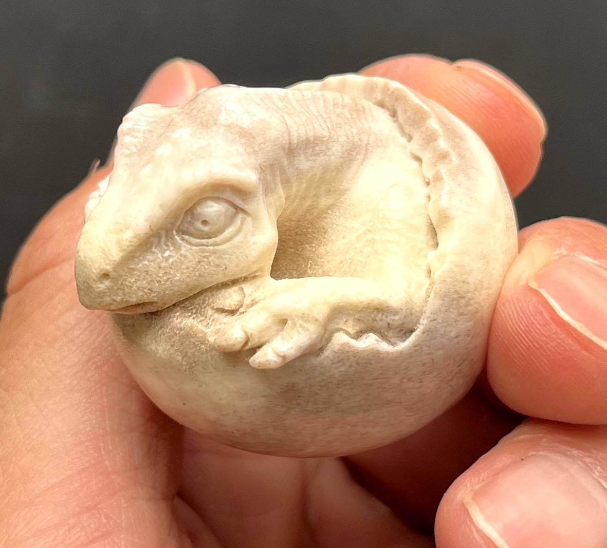 Deer Antler Carved Baby Dinosaur Bursting Out Egg Shell Handcraft Statue Decor