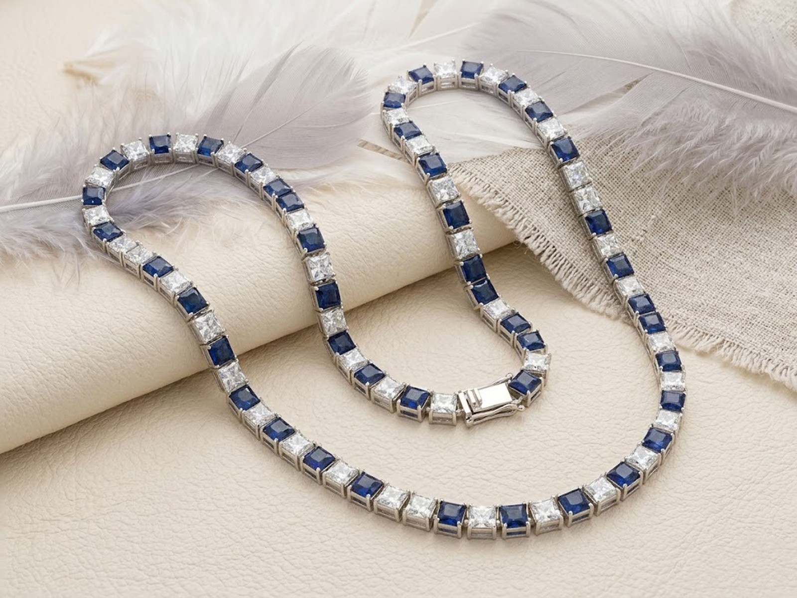 Natural Blue Sapphire & Moissanite Square Cut Necklace in 925 Sterling Silver