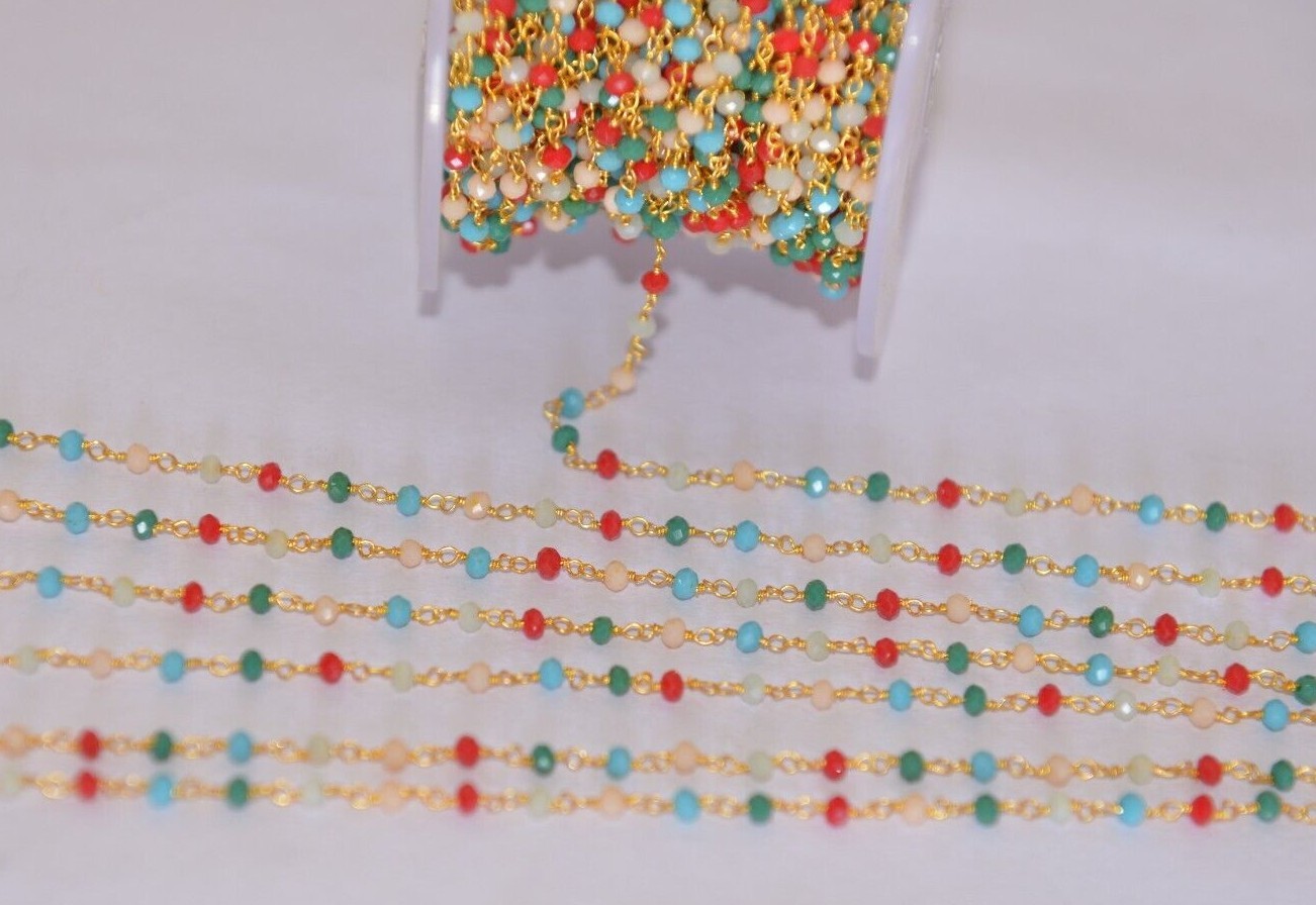 multi glass beads beaded rosary chain, Gold plated jewelry making bulk chain