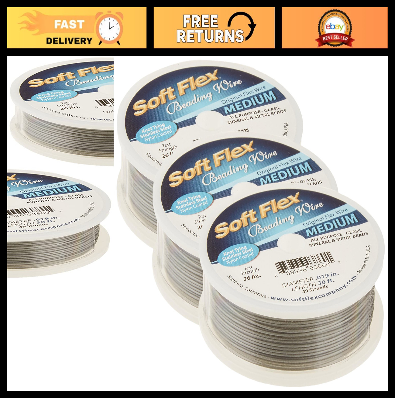 30ft Soft Flex Beading Wire 0.019″ – Grey Crafting Wire (Pack of 3)