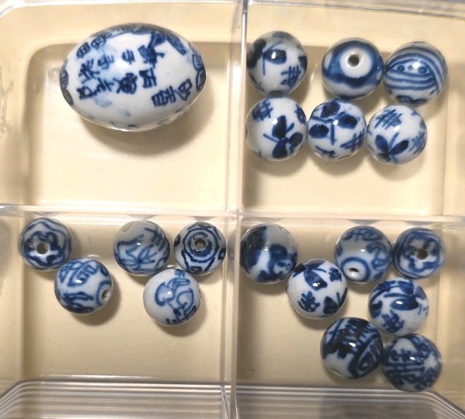 Vintage Asian Chinese Blue White & Beads Porcelain Mix/Longevity Beads 42 Pieces