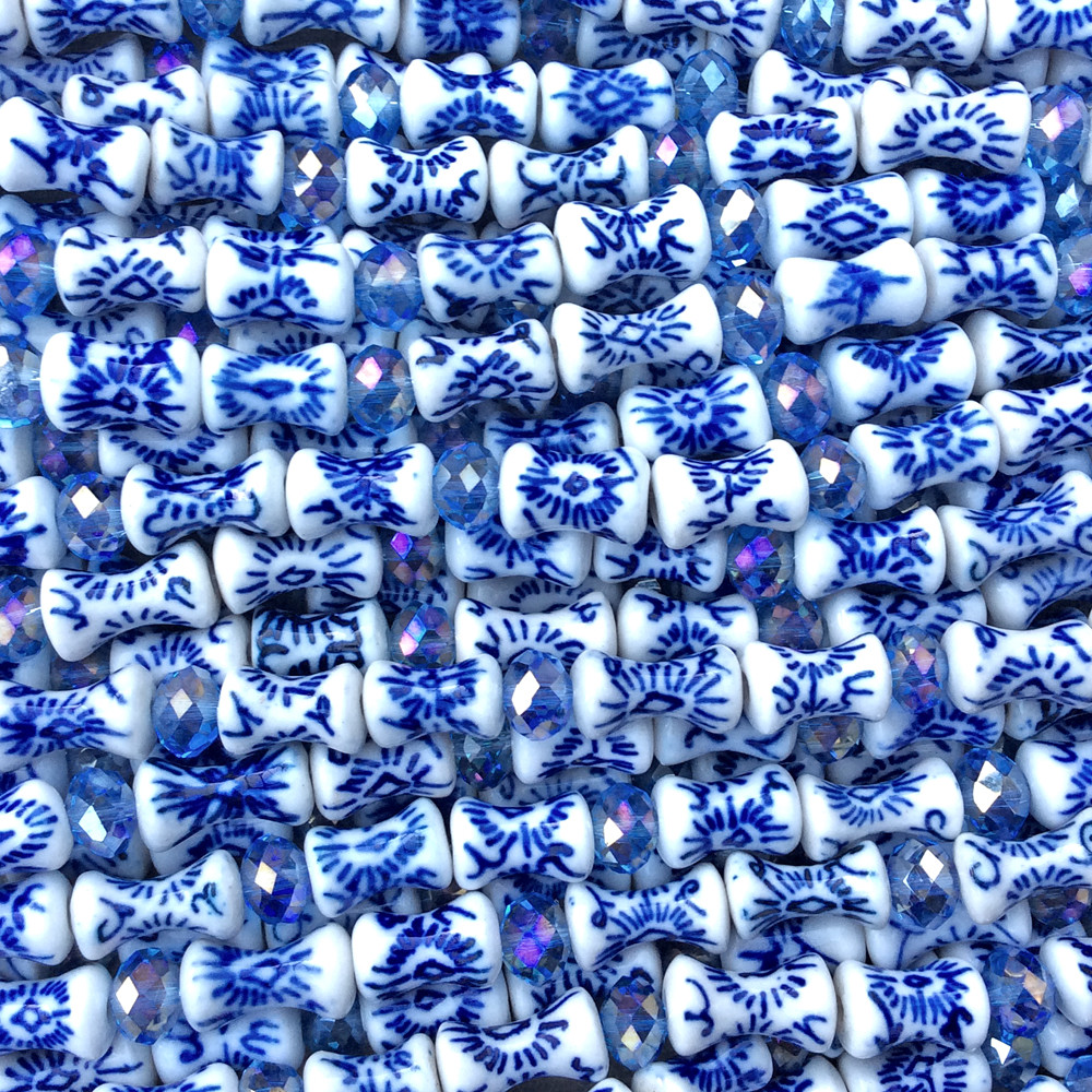 Blue White China Diamond Motif 13x8mm Hourglass Ceramic Beads Q2 Strands
