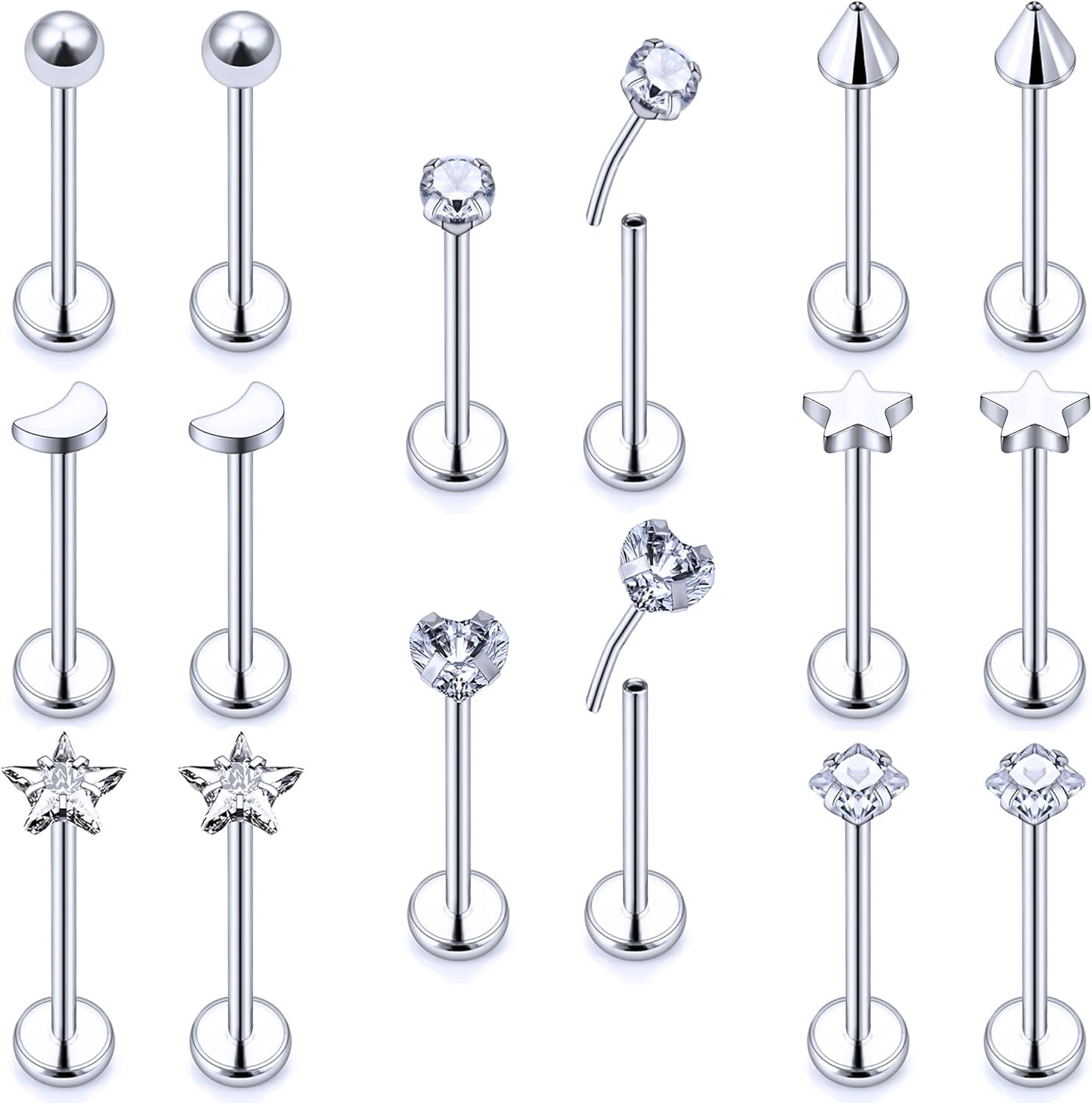 Threadless Noses Rings/Flat Back Earrings, 20G 18G 5/16In, 8Pairs Surgical Steel