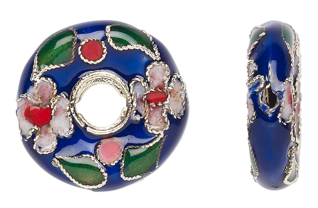 Bead, Cloisonné, 4 Gold Plated Brass Cobalt Blue 20x5mm Donut with 0.9mm Hole