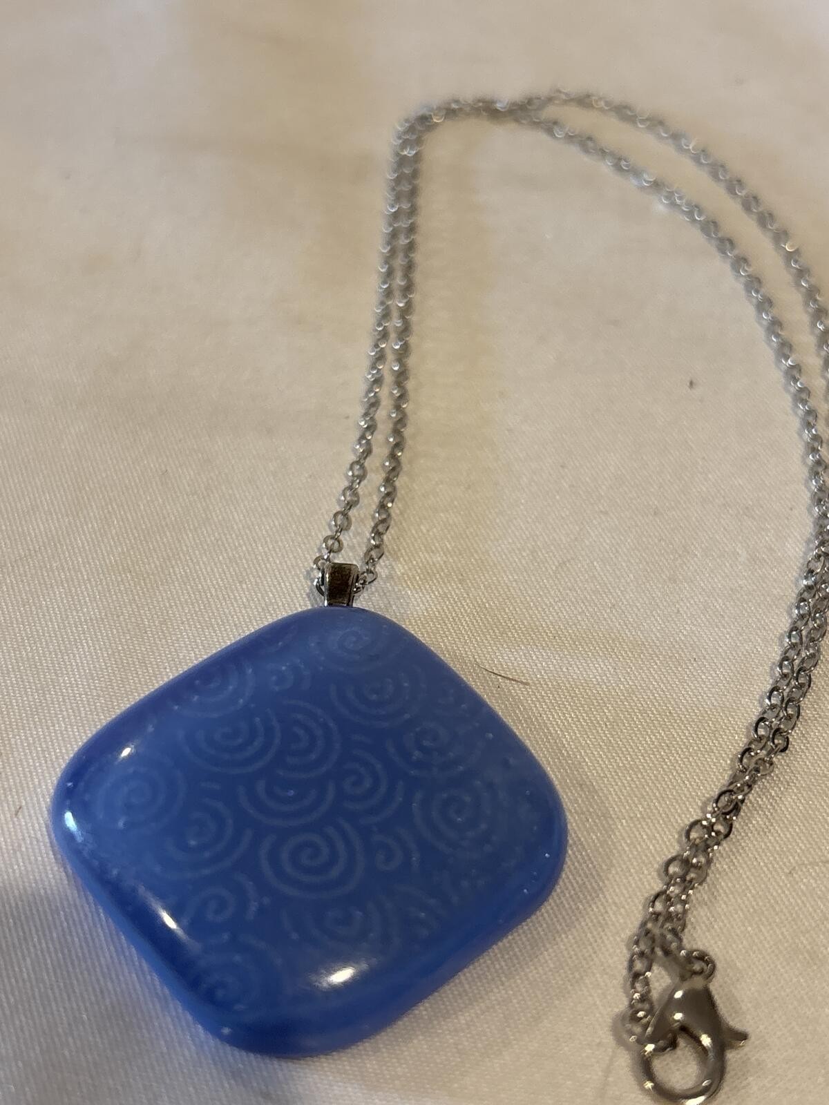 Artisan Made Art Glass Pendant Necklace Blue Swirl Pattern with Silver Chain 22″