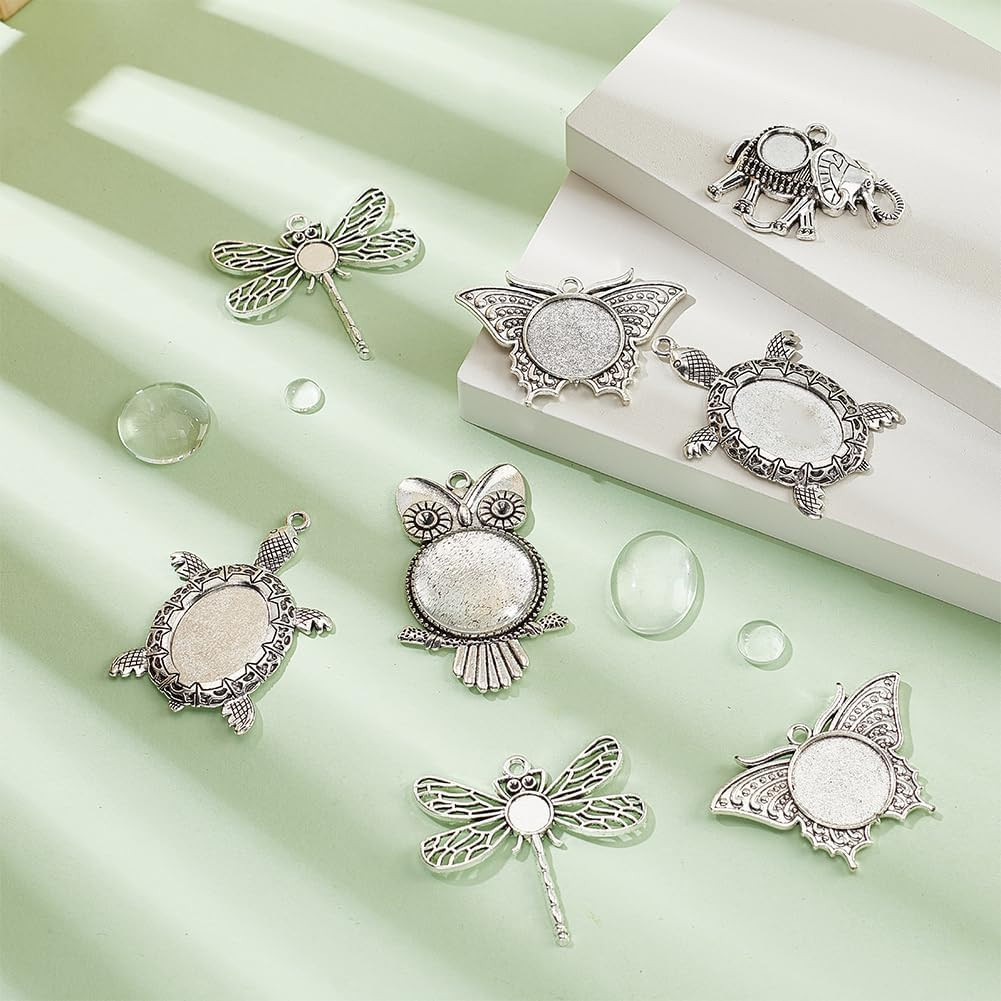 30Pcs 5 Styles Animal Photo Charms Blank Bezel Owl Pendant Trays Turtle Cabochon