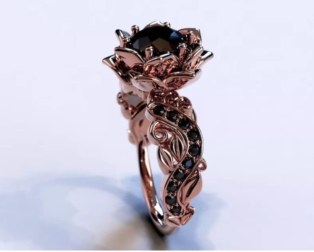 Rose Gold Plated Lotus Black Stone Ring Gothic Floral Engagement Ring for Women