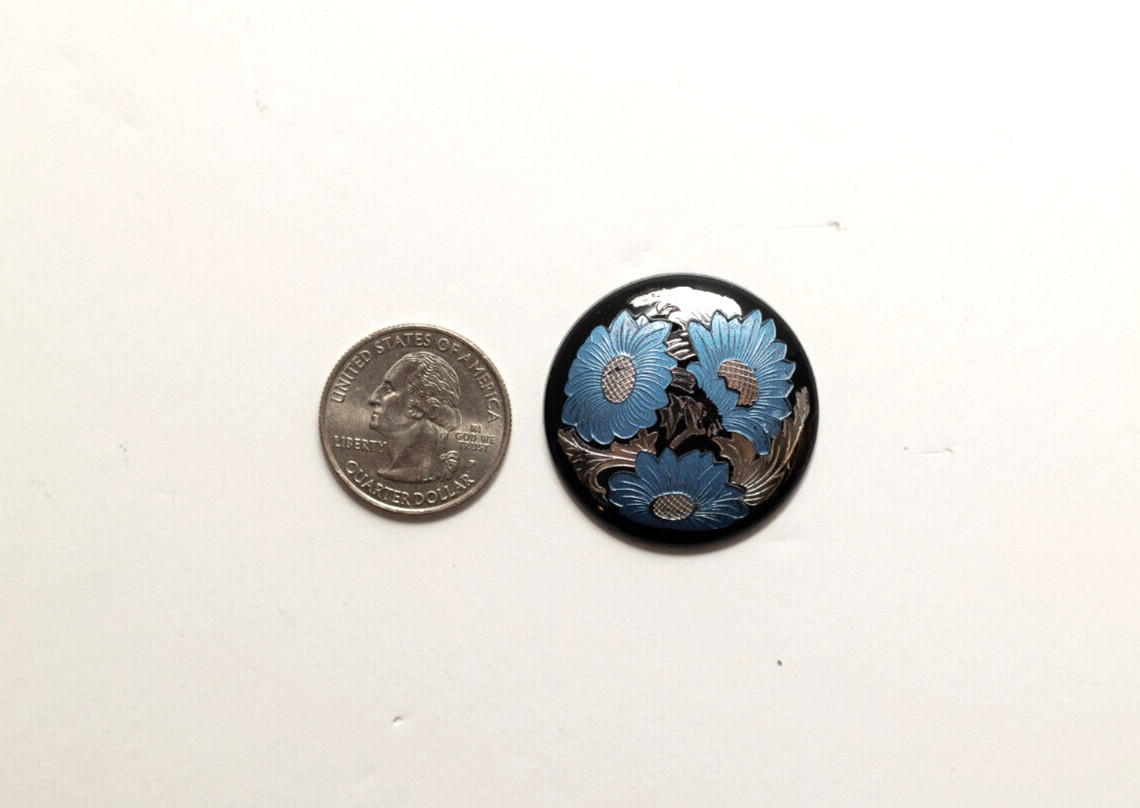 34.5 mm Vintage Cabochon Floral Blue/Black/Silver~Art Deco~Jewelry Making PKG 12