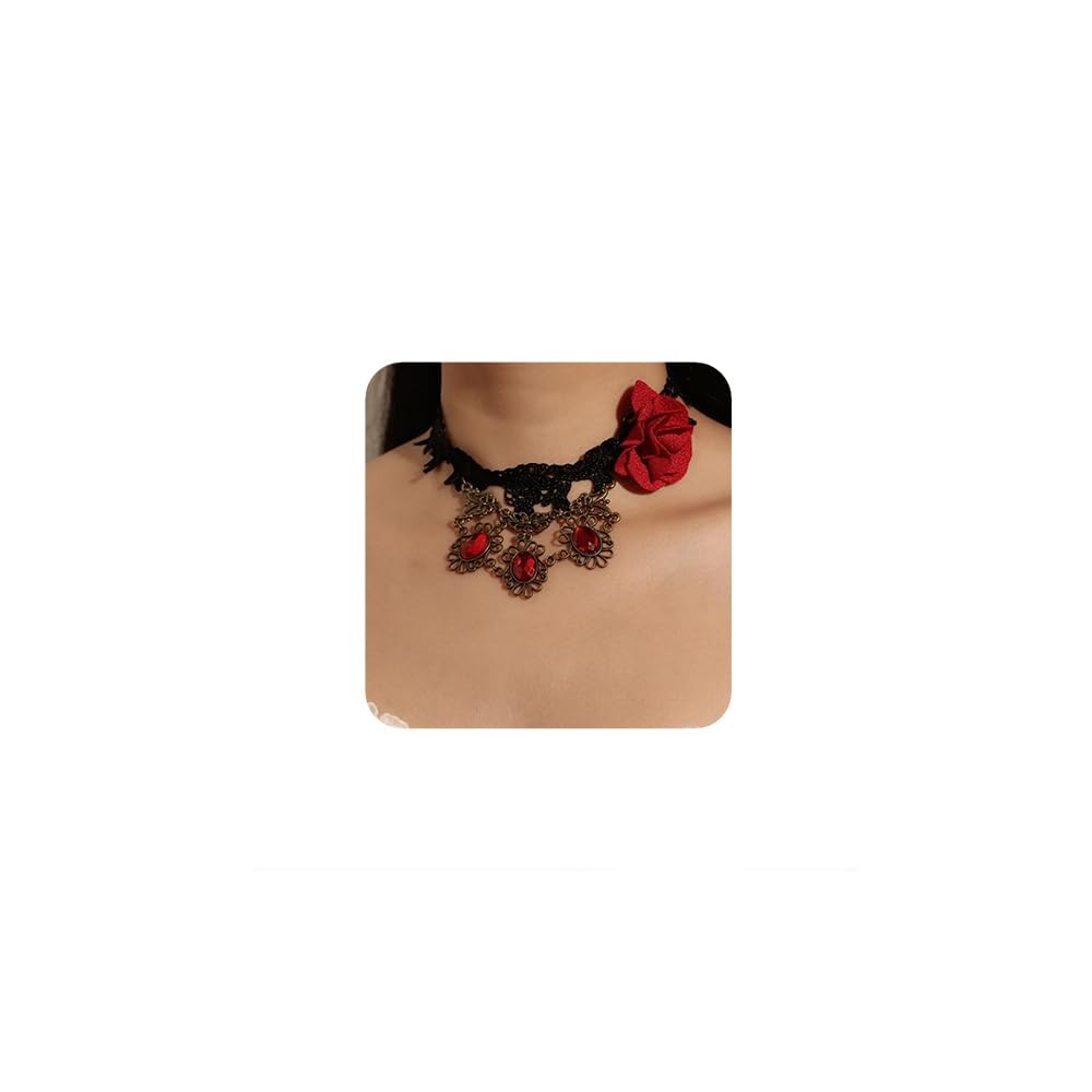 Women Vintage Black Halloween Tassels Lace Choker Necklace Shinny Red Crystal Pu