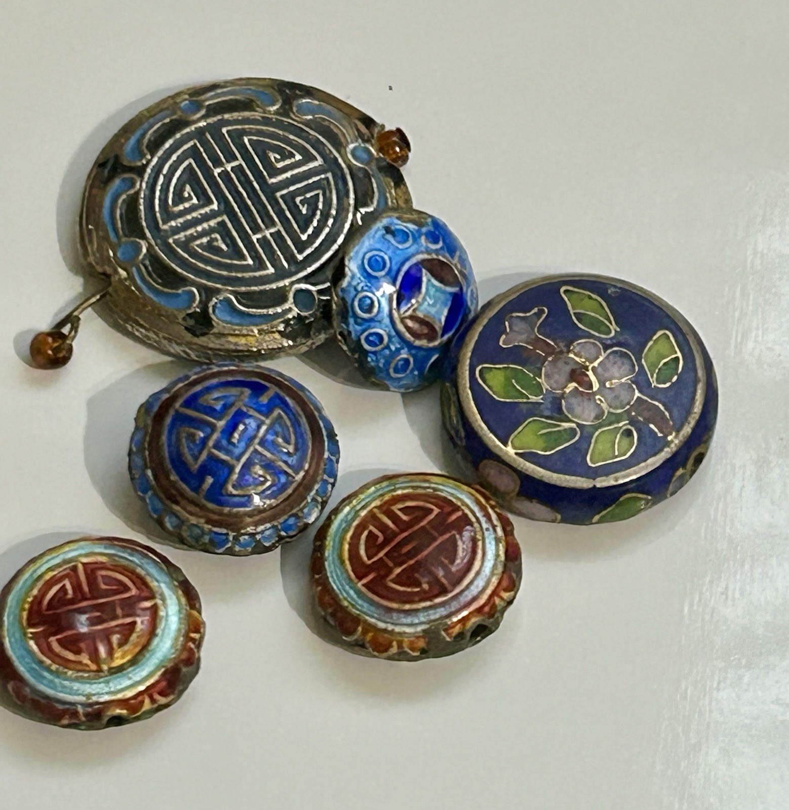 Vintage Chinese Longevity Round Flat Beads Lot Mixed Sizes