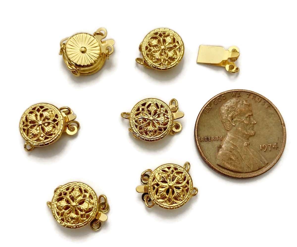6 Vintage Gold Plated Floral Filigree Dual Strand Jump Ringed Round Clasps X521