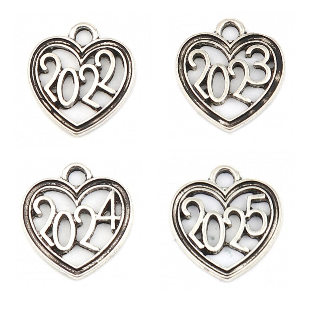 20 Year Charms 2024 or 2025 Heart Grad Class Birth Silver Tone 18mm Lot of 20