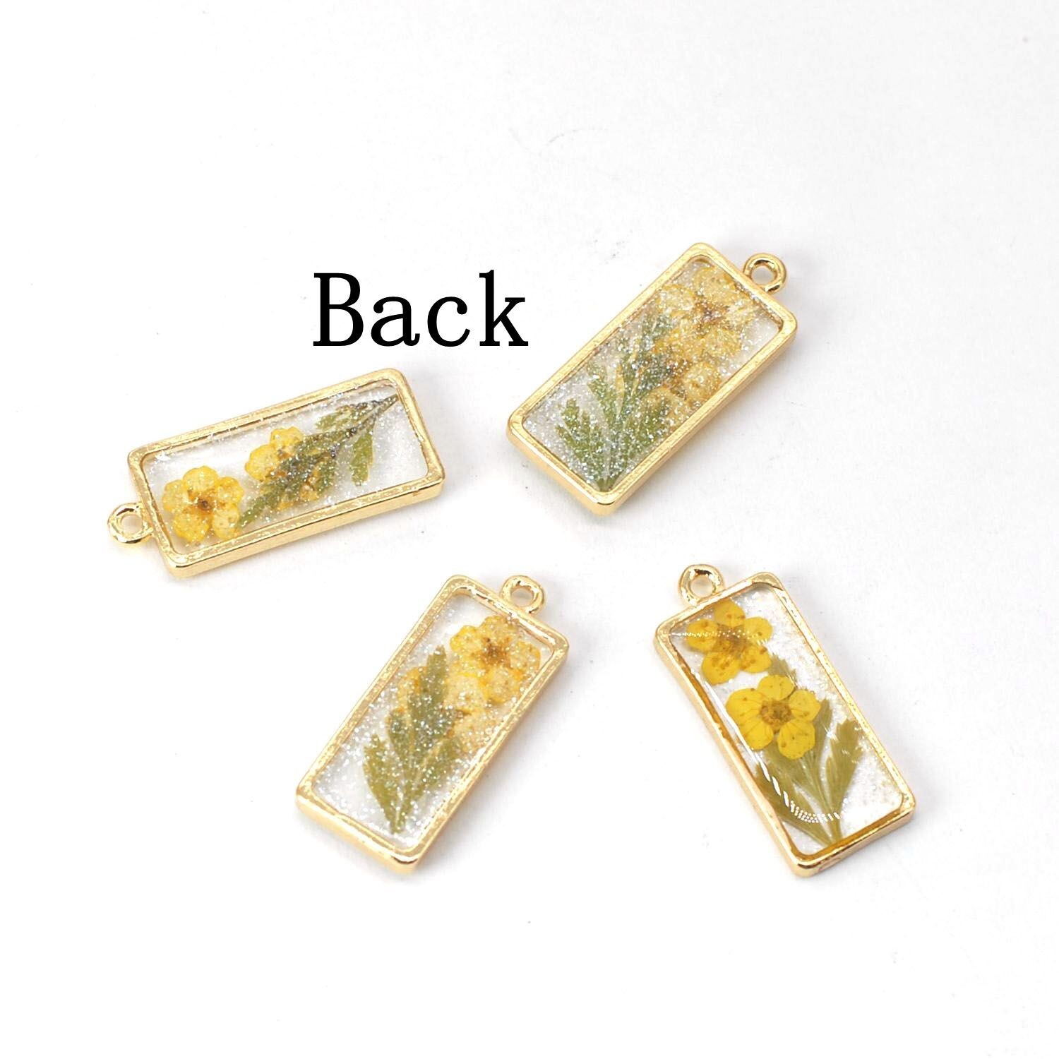 4PCS Gold Tone Real Dry Flower Resin Rectangle Charm Pendant Supply GBY324