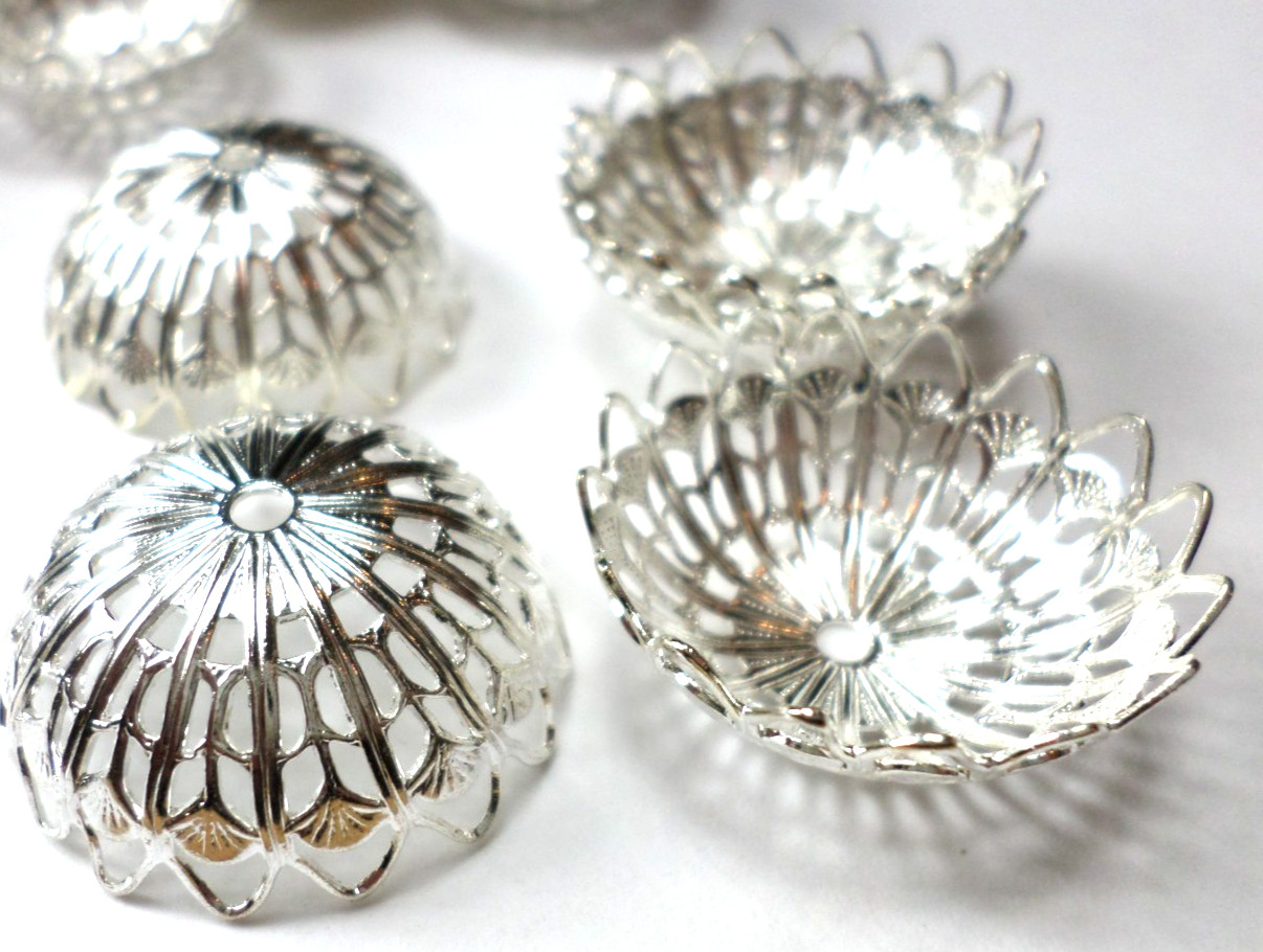 15 Vintage Shiny Silver Art Deco Filigree Round Huge Bell Bead Caps 26x10mm