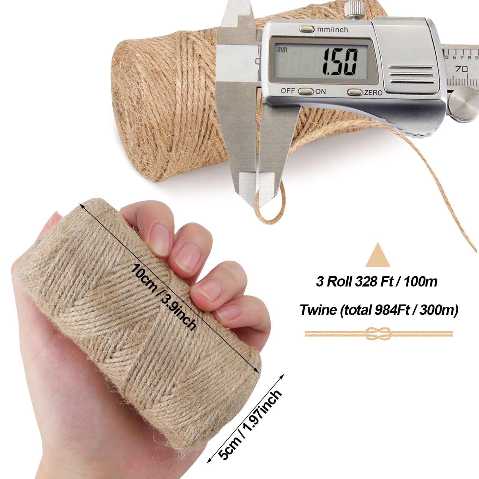 984 FT Natural Jute Twine, 3ply Thin Ribbon Hemp Twine for Gardening, Plant, Gif