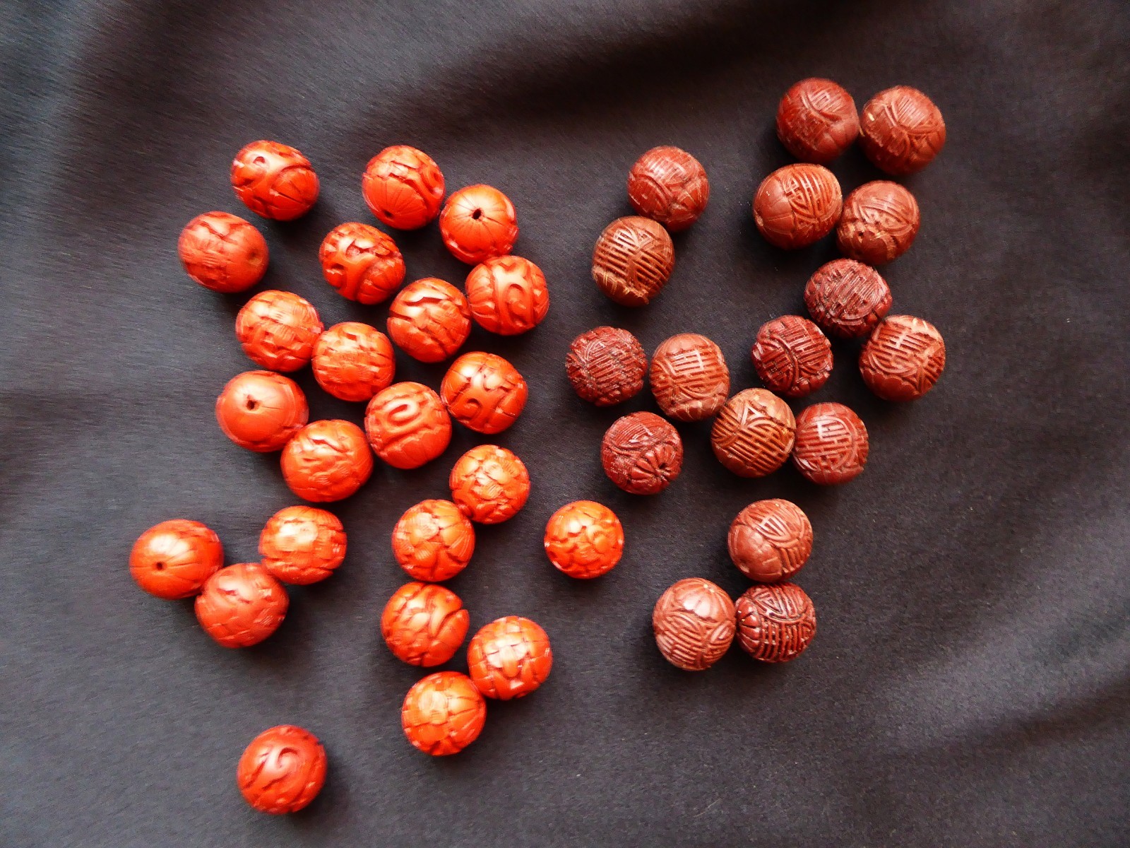 Vintage Cinnabar Beads Lot (40) Red & Dark Red Jewelry Crafts Chinese Carved