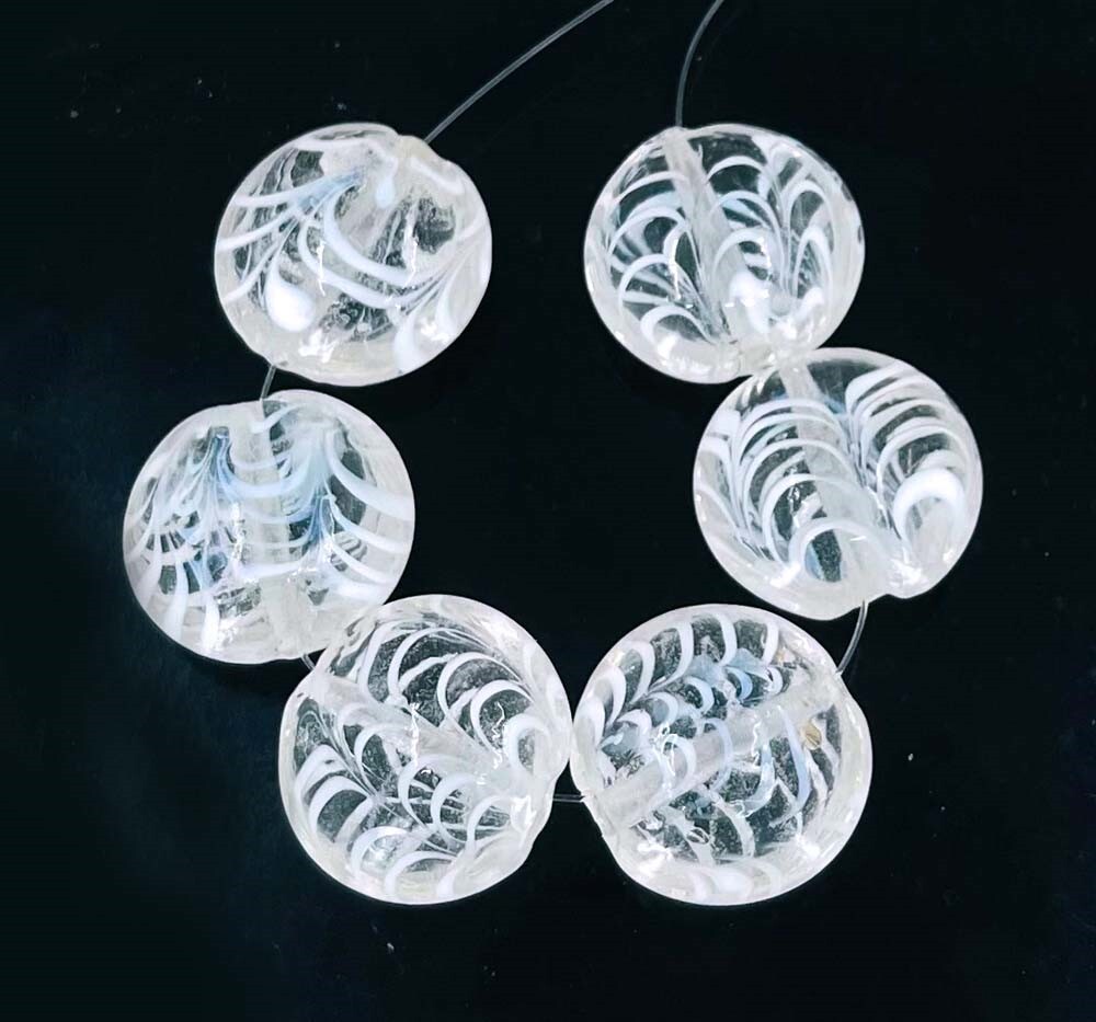6 Lampwork Handmade Glass Lentil Disc Coin Beads – Crystal Swirl