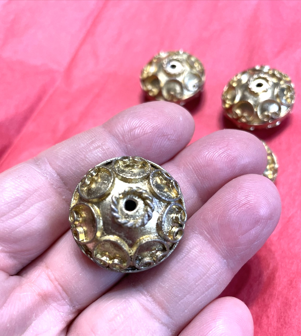 Bali Beads Lot Gold Tone 4pcs 15X26MM Focal Ornate Exotic Filigree Ethnic Tribal