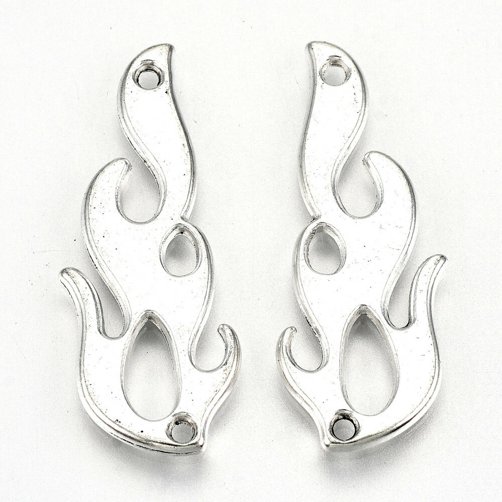 2 Fire Charms Antiqued Silver Tone Flame Pendants Connector Links Chandelier