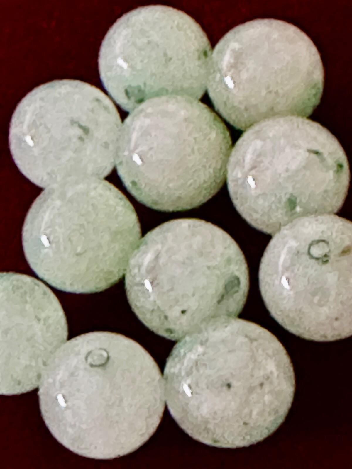 11 Apple Jade Stone Beads 10mm Pale Green Round Fully Drilled Glossy Vtg.