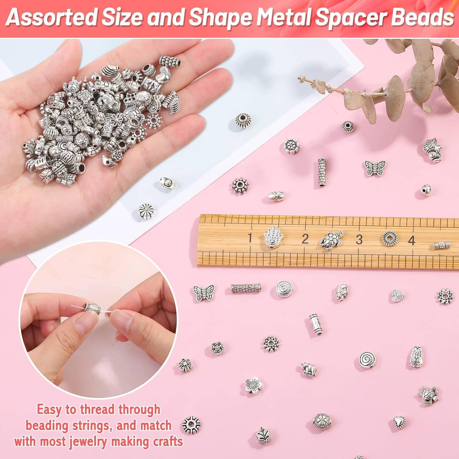 500 Pcs Bracelet Spacer Beads, Silver Bulk Random Styles Loose Spacer Metal C…
