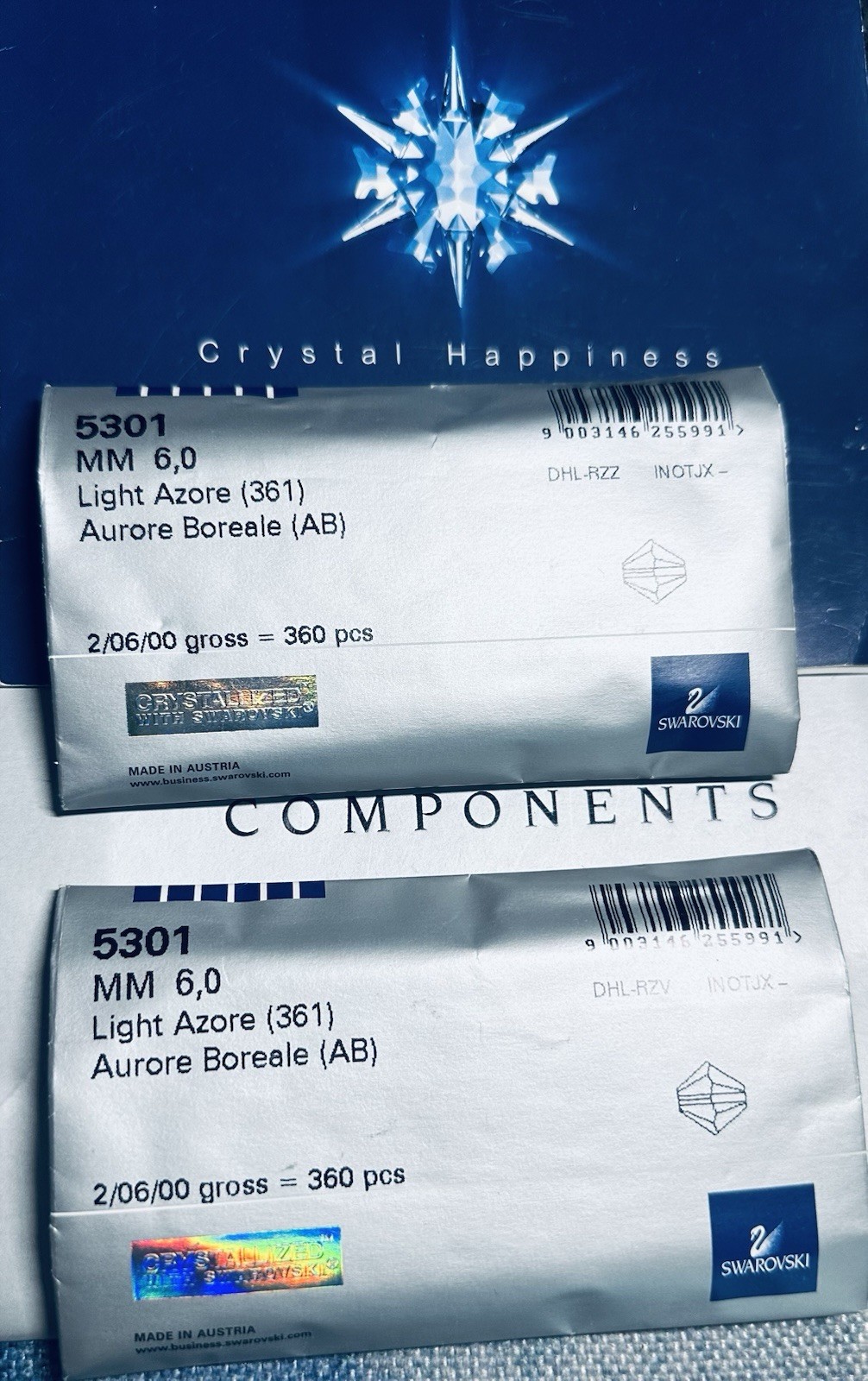 Swarovski 5328 6mm Light AZORE AB Seal Pack 360pcs Austrian Bicone Rare Crystals