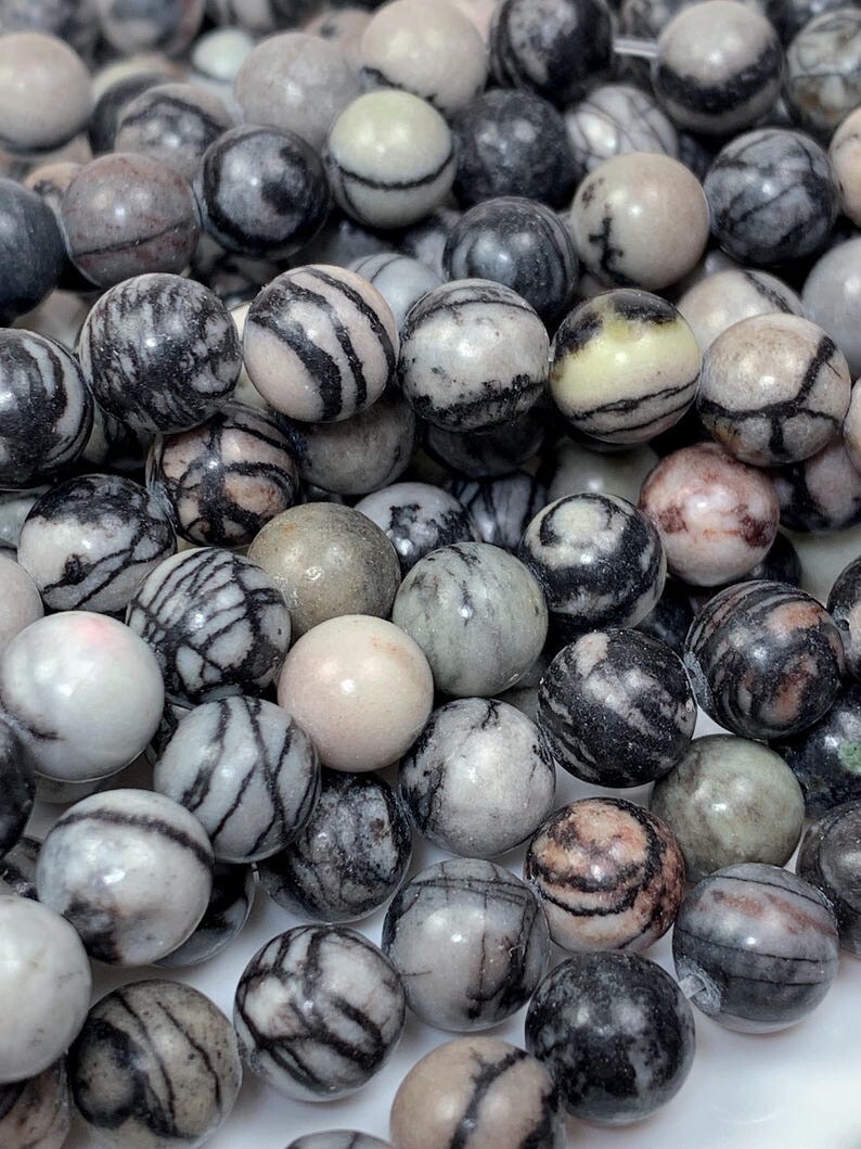 Natural Black Spider Web Stripes Jasper Smooth Round Beads 15.5″ Strand Gemstone