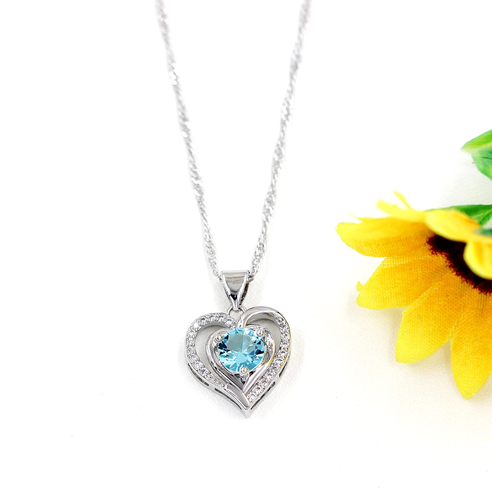 Platinum Plated Blue Crystal Heart Pendant Necklace Round Cubic Zirconia Double
