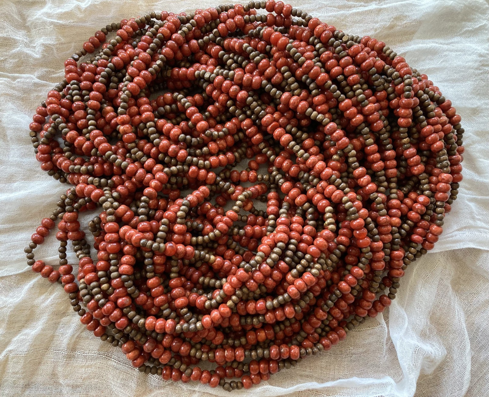 LOT wood & red coral bead strands ~ 48″ strands ~ 19 strands total ~ 3.5 pounds