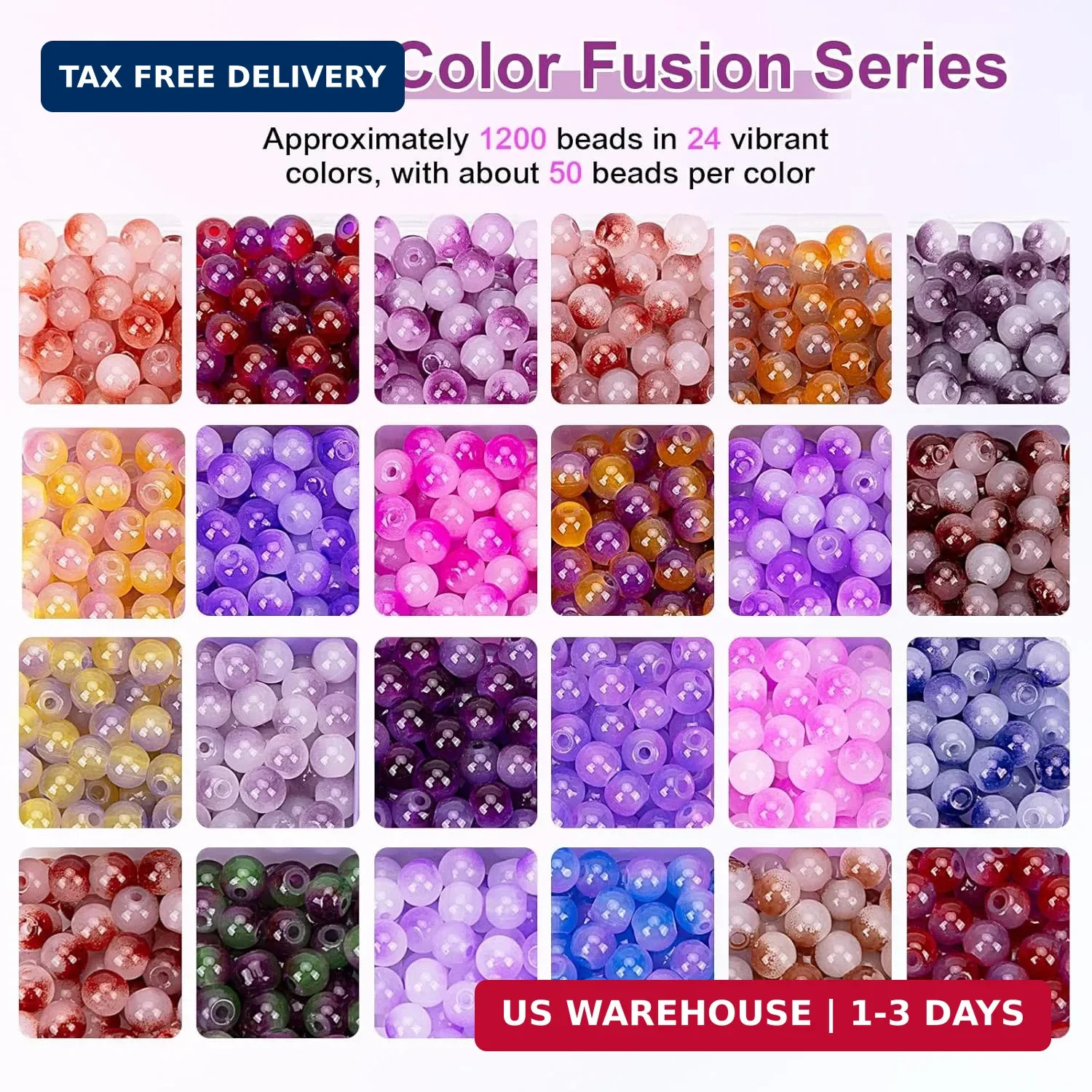 About 1200+ pcs 6mm Glass Beads Bracelet Making Kit, 24 Assorted Purple B
