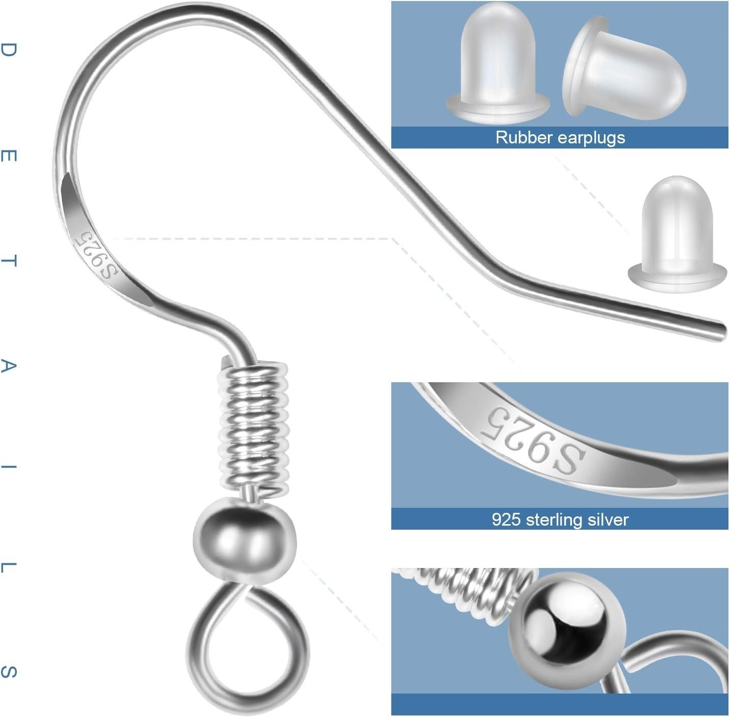Sterling Silver Earring Hooks Fish Hooks Ear Wires 120pcs Hypoallergenic Jewelry