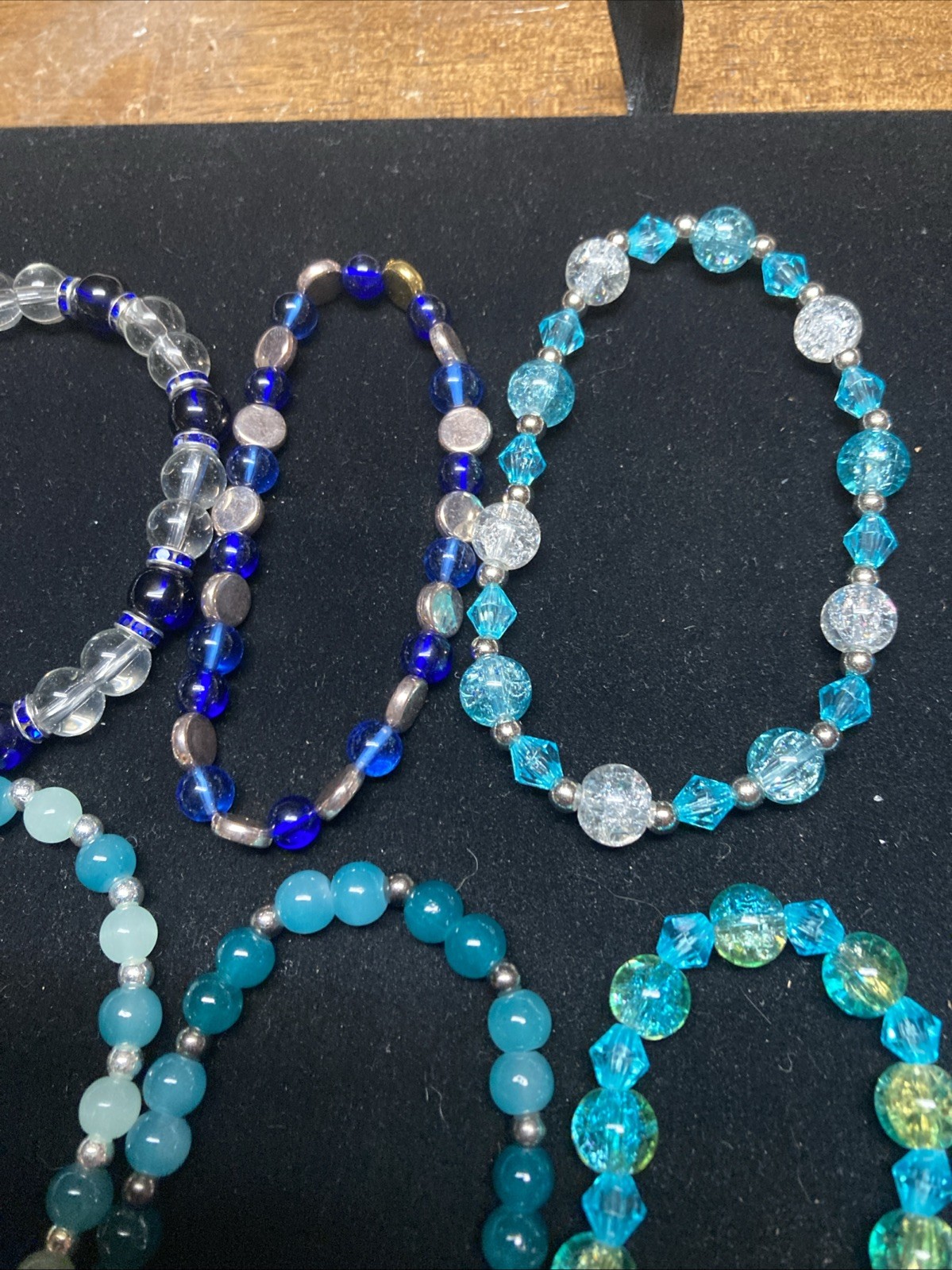 Handmade Glass Beads & Acrylic Bracelets, Lot Of 12 Blue Colors, Stretch Cord.