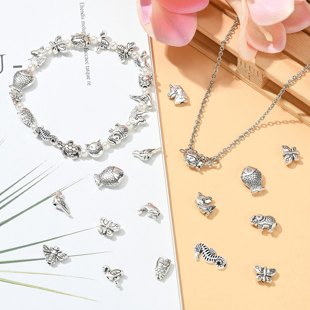150Pcs Silver Animal Spacer Beads Bear Cat Fish Bead for Bracelet Jewelry Making