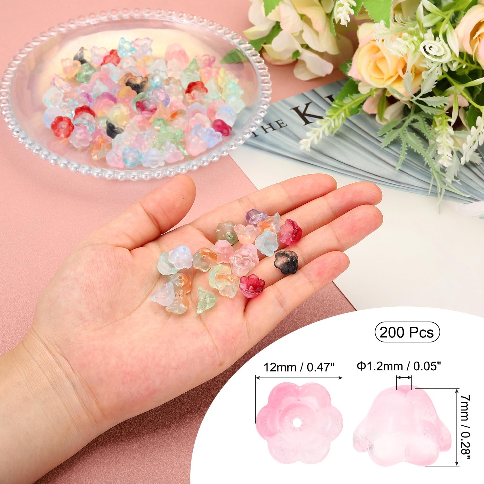 Glass Trumpet Flower Beads, 200 Pcs Gradient Flower Bead Charm for Jewelry Ma…