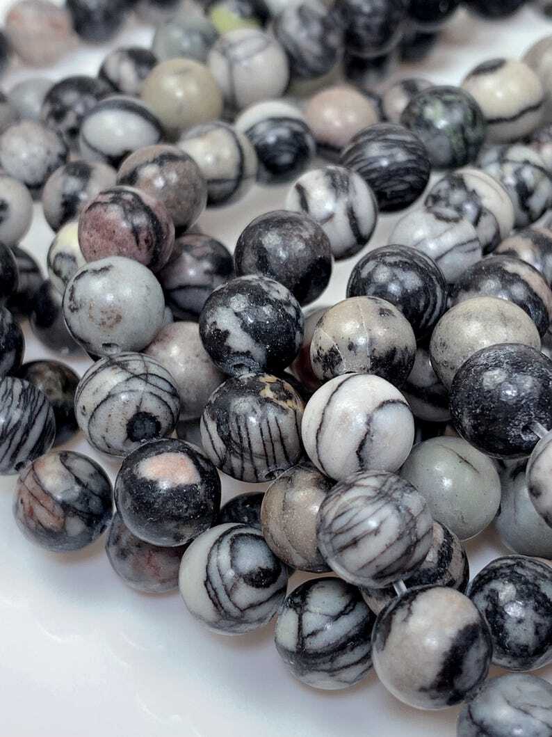 Natural Black Spider Web Stripes Jasper Smooth Round Beads 15.5″ Strand Gemstone